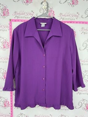 Delta Burke ruffle blouse button up Purple Button-Front Collared Blouse